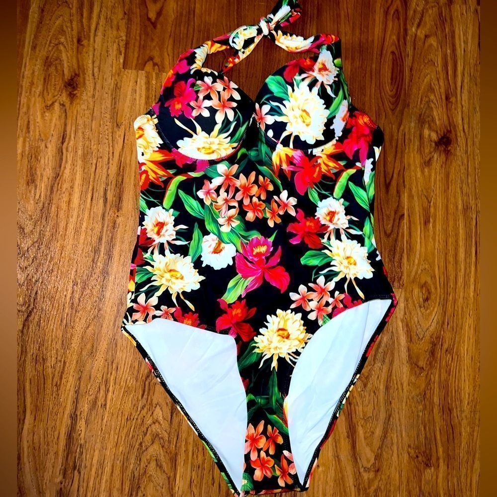 SHEIN Tropical Floral One Piece Swimsuit - Black, Red, Green